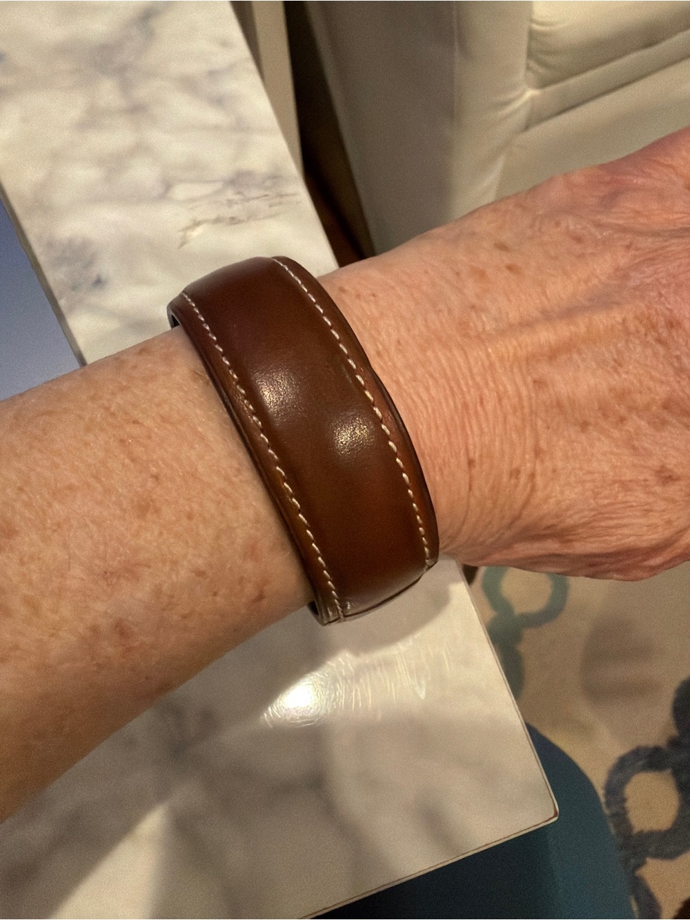 Hermes Brown Leather Cuff Bracelet with Contrast Stitching